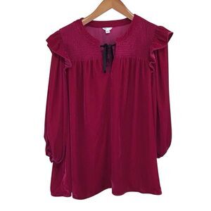 Cato Fuchsia Pink Velvet Ruffle Tie Neck Smocked Peasant Top‎ 22/24W